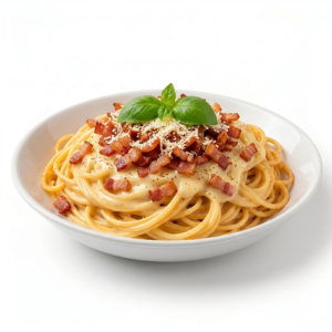 Spaghetti carbonara med bacon, æg og flødsauce