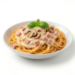 Pasta med skinke , champignon , flødesauce og parmesan