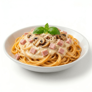 Pasta med skinke , champignon , flødesauce og parmesan
